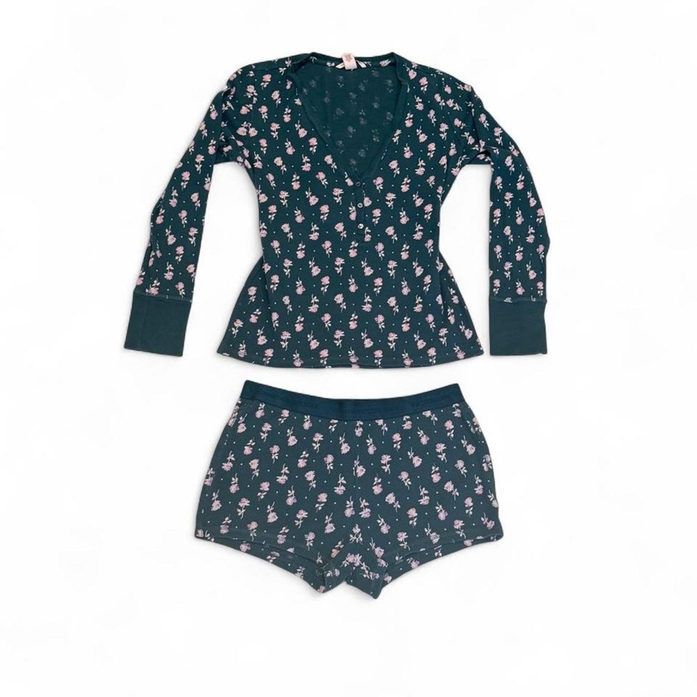 Victorias Secret Forest Green Floral Thermal Pajama Set Henley Top Shorts Medium